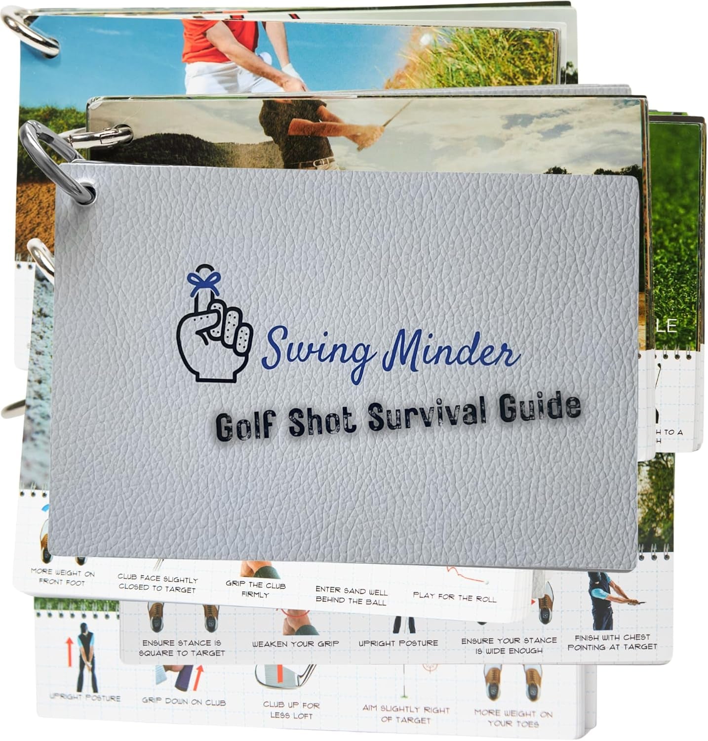 Golf Reference Cards | Pocket Survival Guide and Golf Instruction Booklet | Compact Waterproof PVC Cards for Troublesome Shots | Clip-On Carabiner for Your Golf Bag