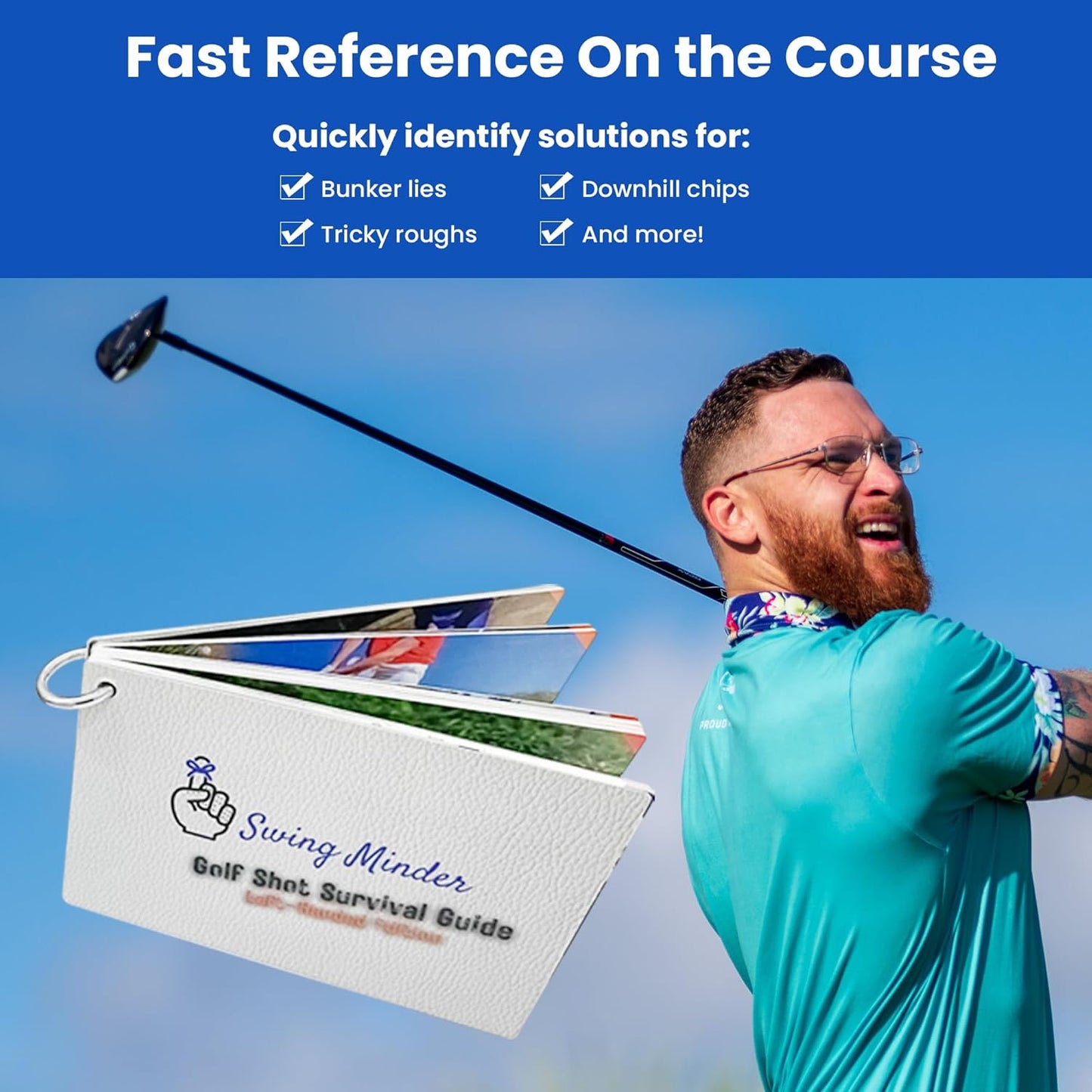 Golf Reference Cards | Pocket Survival Guide and Golf Instruction Booklet | Compact Waterproof PVC Cards for Troublesome Shots | Clip-On Carabiner for Your Golf Bag